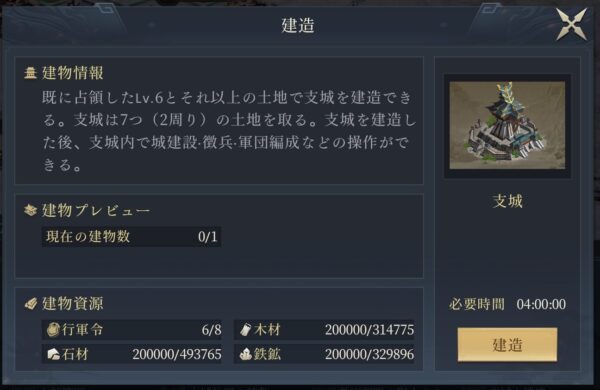 今三国志の支城の建設