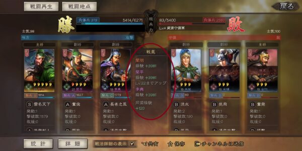 三国志真戦の戦闘結果