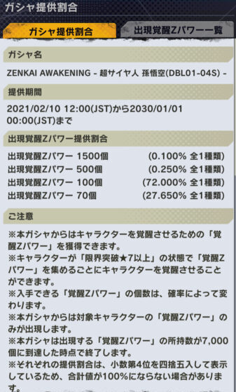 ドラゴンボールレジェンズ　覚醒ガシャ排出割合